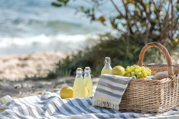 picnic basket with fruits green grape lemons and glass bottles with fresh lemonade on the sand at the beach with blurred sea at the background. Summer outdoor leisure concept