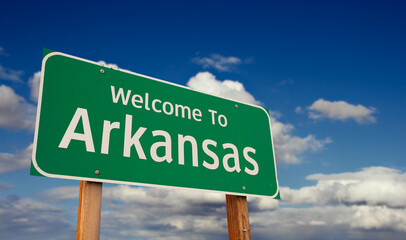 Wall Mural - Welcome To Arkansas Green Road Sign Over Blue Sky with Some Clouds.