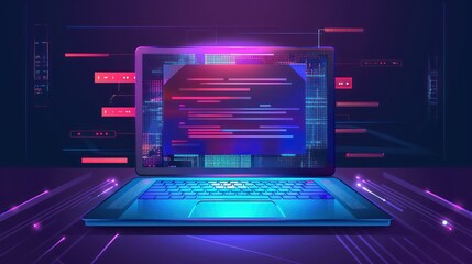 Futuristic laptop with glowing code and digital elements in background