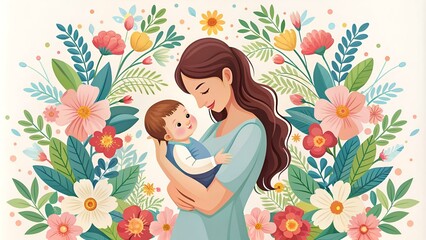 Vector Illustration Of Mother Holding Baby In Arms. Floral Background.