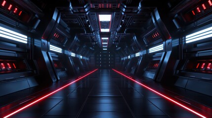 Wall Mural - Futuristic sci-fi corridor with neon red and blue lights, empty.