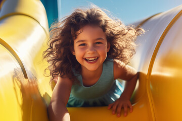 Young Girl with brunette hair coming down a yellow slide