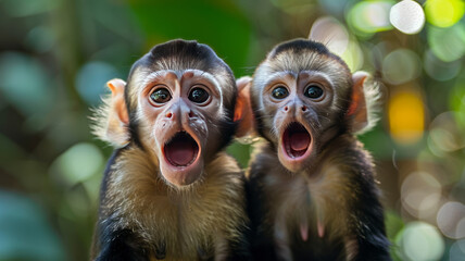 2 Capuchin monkeys, Eyes and mouth wide open with a surprised expression,generative ai