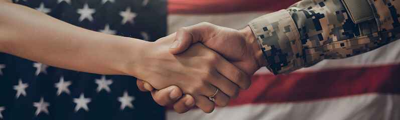 Wall Mural - Handshake with United States flag behind