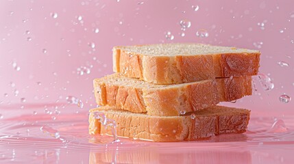 Wall Mural - Close-up of slices of bread with water splashes creating a visual composition for product promotion. Slices of bread on pink background with water drops.