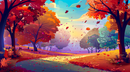 Wall Mural - Enchanting Autumn Forest with Falling Leaves and Golden Sunlight