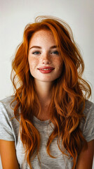 Stunning red-haired woman with long wavy hair and freckles smiling in casual grey shirt, natural beauty, portrait photography