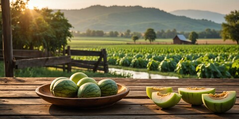 rustic wooden table with a wooden plate filled with fr background