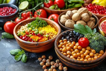 An array of colorful, nutritious foods including vegetables, legumes, and nuts, beautifully arranged in bowls, emphasizing a healthy and balanced diet.

