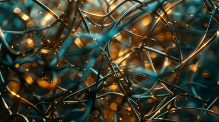 Fototapete - Image shows a network of tangled wires highlighted with blue and orange lighting and glowing particles, creating a vibrant and dynamic abstract composition.