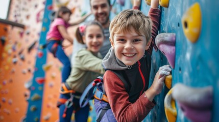 Family Bonding at Indoor Climbing Gym - Kids and Parents Climbing Together, Perfect for Adventure Posters