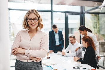 Aufkleber - Crossed arms, manager and portrait of business woman in office with confidence for career growth. Smile, pride and female finance banker with team for company investment with meeting in boardroom.