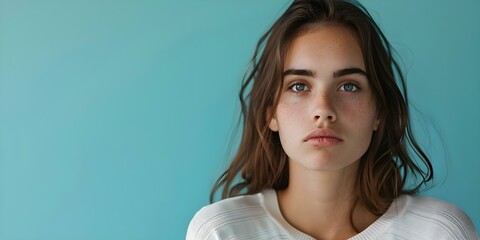 Depiction of a melancholic woman from Europe against a cyan backdrop. Concept Melancholic Portraits, European Inspiration, Cyan Backdrop, Emotional Expression