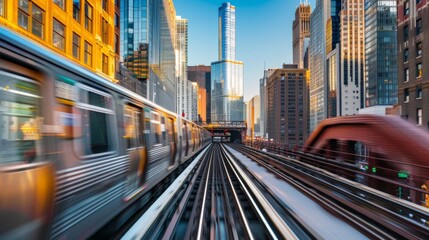 Aufkleber - A commuter train speeding through an urban cityscape, passing skyscrapers and modern architecture.