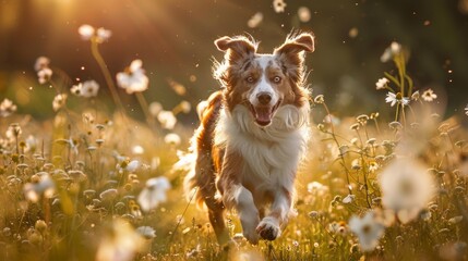 Wall Mural - A dog bounding through a field of wildflowers, with petals fluttering in its wake.