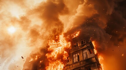 A dramatic scene of smoke and flames erupting from a burning building during a fire emergency.