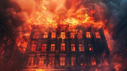 A dramatic scene of smoke and flames erupting from a burning building during a fire emergency.