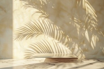 Palm tree shadow on wall with marble table for product placement Natural design background Summer co