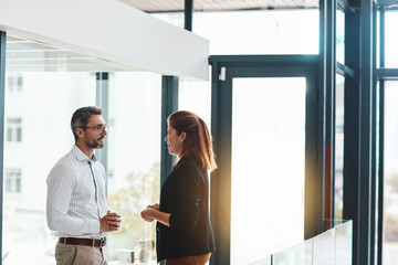 Canvas Print - Modern office, business people or talking in meeting for ideas, teamwork or collaboration. Entrepreneur, investor or executive director speaking in discussion for feedback, planning or project