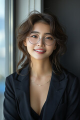 Wall Mural - Asian woman in a suit wearing glasses looking at the view from the window.