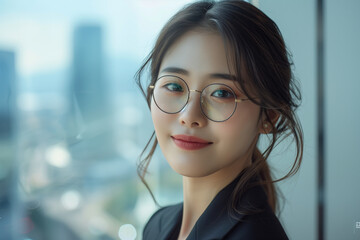 Wall Mural - Asian woman in a suit wearing glasses looking at the view from the window.