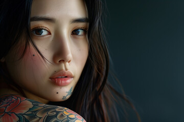 Poster - Asian woman with tattoo on arm on black background.