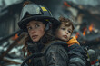 © S photographer - Caucasian female firefighter carries boy out of burnt house ruins.
