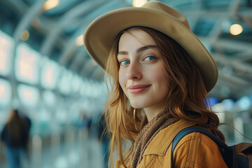 Wall Mural - Caucasian female tourist walking in airport terminal