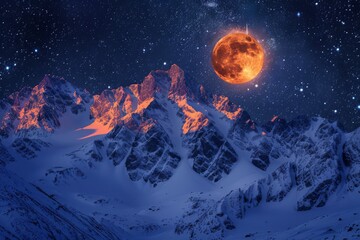 Canvas Print - Spectacular Snowy Mountain Under Red Moonlight