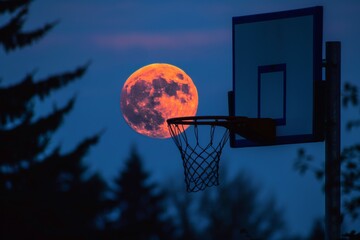 Wall Mural - Basketball Hoop Silhouetted Against Full Moon at Dusk