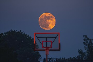 Sticker - Moon Rising Above Basketball Hoop at Dusk