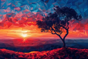 Canvas Print - Colorful Geometric Sunset with Tree