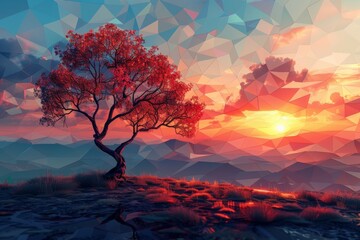 Sticker - Polygonal Sunset Landscape with Lone Tree