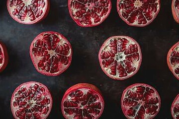 Canvas Print - Pomegranate Halves on Dark Background