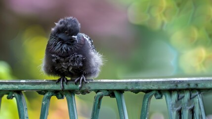 A pigeon is sitting on a metal fence. Generate AI image