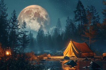 Wall Mural - Camping Under a Moonlit Forest Sky