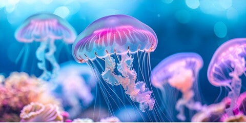 Wall Mural - Exploring a Jellyfish Gathering in the Blue Sea with Coral Reef, Starfish, and Pink Lights. Concept Underwater Photography, Marine Life, Ocean Ecosystem, Underwater Exploration, Vivid Colors