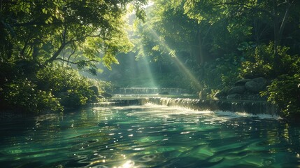 Wall Mural - A tranquil river flowing through a dense forest, with sunlight filtering through the canopy and reflecting off the water.