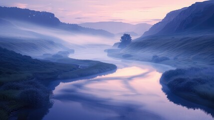 Wall Mural - A tranquil river winding through a valley at dawn, with morning mist rising from the water and soft light illuminating the scene.