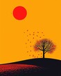 © Pannawish - Abstract autumn landscape with a tree losing leaves under a dramatic red sun, set against a bright orange sky.