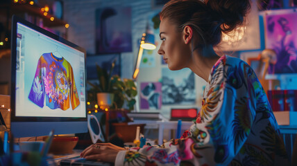 A girl adjusting colors and patterns on a shirt design on her computer