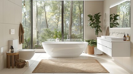 Wall Mural - White and beige home bathroom interior with double sink, bathtub and accessories