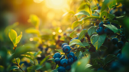 Wall Mural - Blueberries grow on a bush on a sunny day. Ripe berries in the garden. Concept of gardening, ecology.