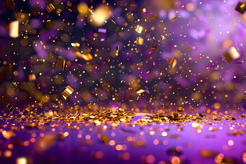 Wall Mural - Golden Confetti Falling on Purple Background With Light