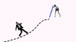© master1305 - Woman drawing dashed path with giant pencil while businessman walks along it. Planning, guidance, and navigating business journeys. Contemporary art collage. Business, assistance and support concept