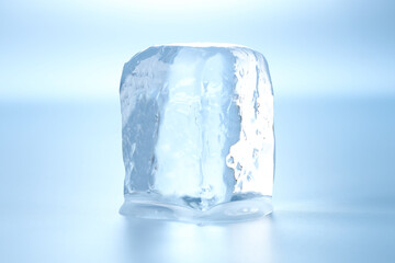 Wall Mural - Cube of clear ice on light blue background