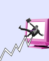 Wall Mural - Businessman with briefcase falling into pink computer screen with rising graph line. Digital success and growth. Vibrant, dynamic, and modern. Contemporary art collage. Concept of business, innovation