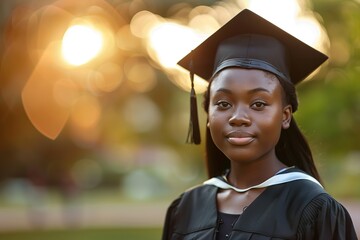 Wall Mural - Happy african american female graduate student in graduation gown and cap standing on a college campus