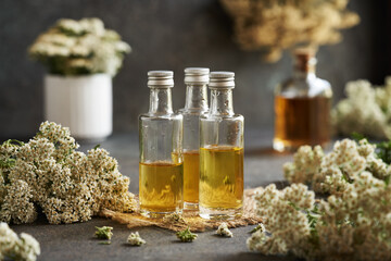 Wall Mural - Three bottles of herbal tincture with fresh blooming yarrow plant