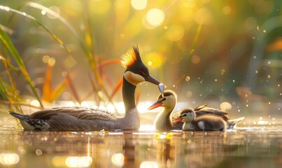 A large duck offers fish to her cubs on a sunlit lake, with a backdrop of lush reeds and two chicks.